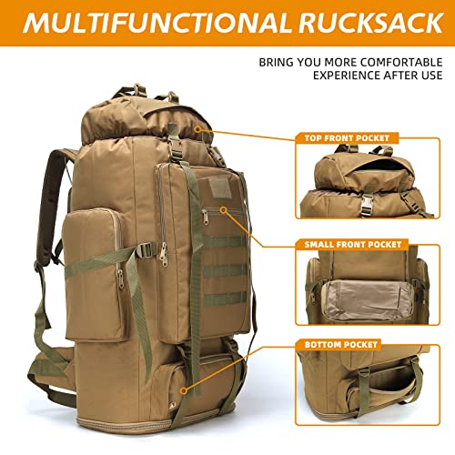 HongXingHai 70L/100L Hiking Camping Backpack MOLLE Rucksack Waterproof Daypack for Traveling (Khaki)