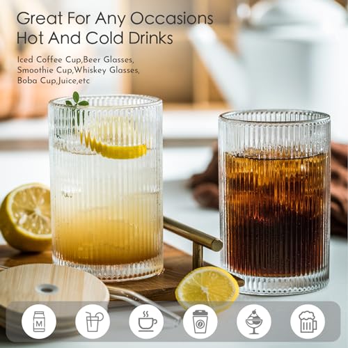 INSETLAN Set of 8 Ribbed Glassware - 4 Large Glasses 17 oz, 4 Rocks Glass Cups 10 oz, Vintage Glassware Cocktail Glasses, ...