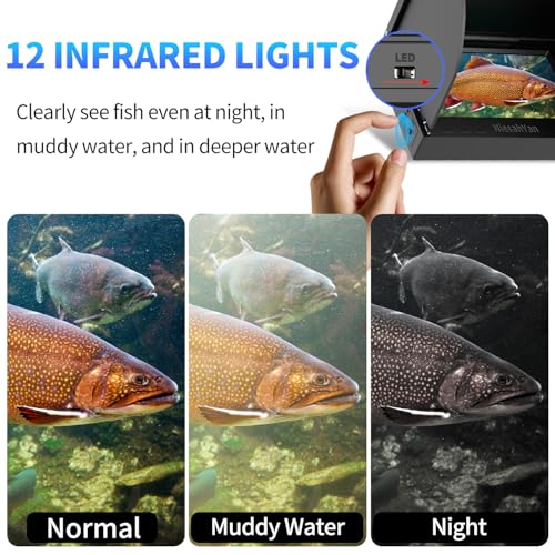 5" Underwater Fishing Camera, 1080P Upgraded HD Lens Ice Fishing Camera with 12pcs IR Lights, 8000mAh Li-Battery, IP68 Wat...