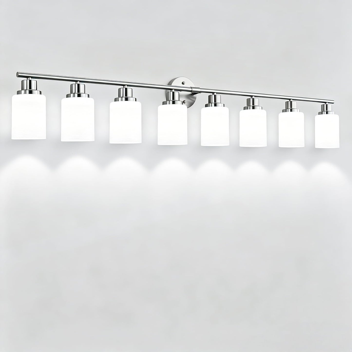 Guliaofo 8-Light Vanity Lights, Brushed Nickel Bathroom Light Fixture with Striped Textured Milky White Glass Shade, E26 Modern Vanity Lighting Fixture for Bathroom Wall Sconce Light Over Mirror
