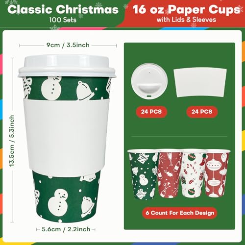 FUNPAK Christmas To Go Coffee Cups with Lids 16 oz Insulated Cups, 100 Packs Hot Cup for Chocolate/Coffee/Tea/Water/Juice,...