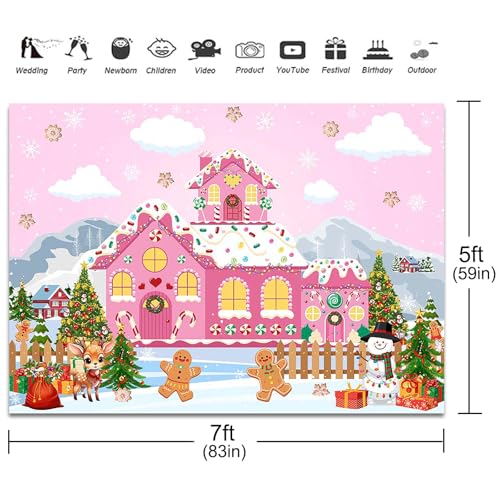 Fitumiw Pink Gingerbread House Backdrop 7x5ft Merry Christmas Photography Background Party Decorations Pink Candy House Ba...