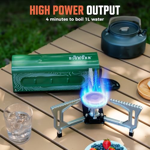 BIG HORN OUTDOORS Butane Camping Stove, Portable Folding Gas Burner with Carry Bag for Camping, Emergency Use and Outdoor ...