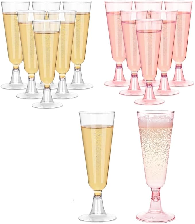 shanmeshan Champagne Flutes Plastic,100 Pack Wine Glasses,Disposable Champagne Glasses,5 Oz Clear and Pink Shot Cups,Chris...