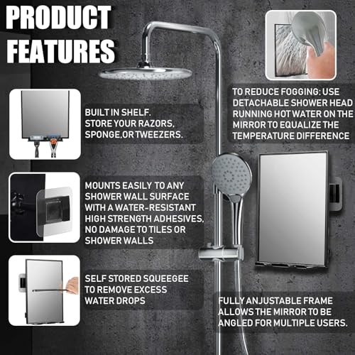 LFOYOU Shower Mirror for Shaving with 2 Replaceable Adhesive - Two Razor Holder, 360¡ÆRotation Adjustable Shaving Mirror with a Squeegee, Bathroom Razor Holder(Not Fogless)