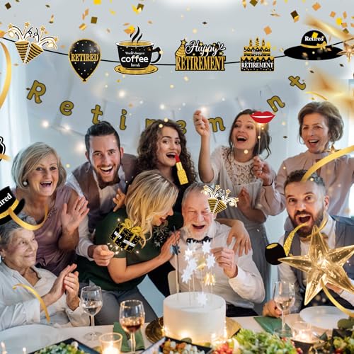 Kuxriox 30Pcs Happy Retirement Party Decorations for Men Women, Black Gold Retirement Photo Booth Props, Cheers to Retirem...