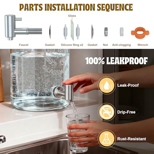 2PCS 1.5 Gallon Drink Dispenser - Glass Beverage Dispenser With Wood Stand and Leakproof Stainless Steel Spigot, Large Dri...
