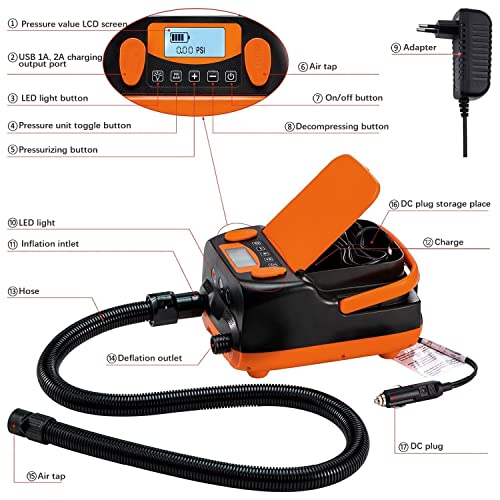 Rechargeable Sup Air Pump Electric Portable, 16PSI 12V with Battery, Stand Up Paddle Board Electric Pump Inflator/Deflato...