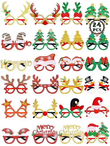 HOVACY 24PCS Christmas Glasses, Christmas Party Favors, Santa Glasses Frames for Xmas Decorations Accessories Supplies