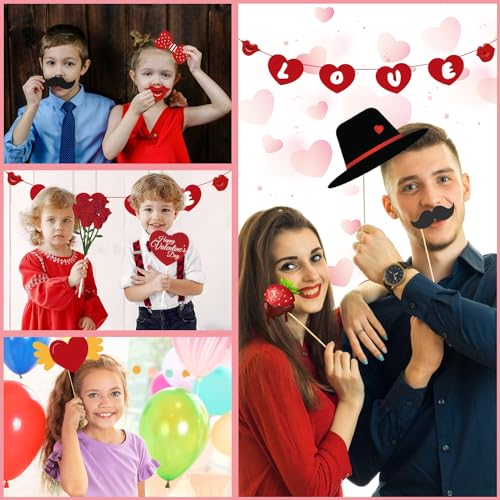 Leesgel 42 Pieces Valentine Photo Booth Props, Valentines Wedding Photo Booth Prop with Sticks and Banner, Red Heart Party...