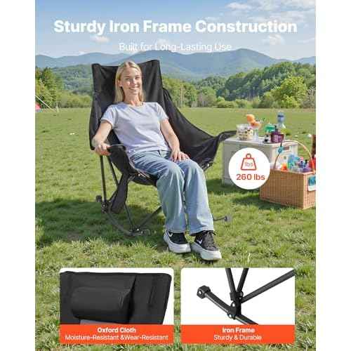 VEVOR Heated Camping Chair, 3 Heating Settings, Large-Sized Padded Folding Rocker, Heavy Duty Outdoor Lawn Chairs with Pocket & Cupholder, Support 225lbs, Portable Heated Chair for Sports Winter Use