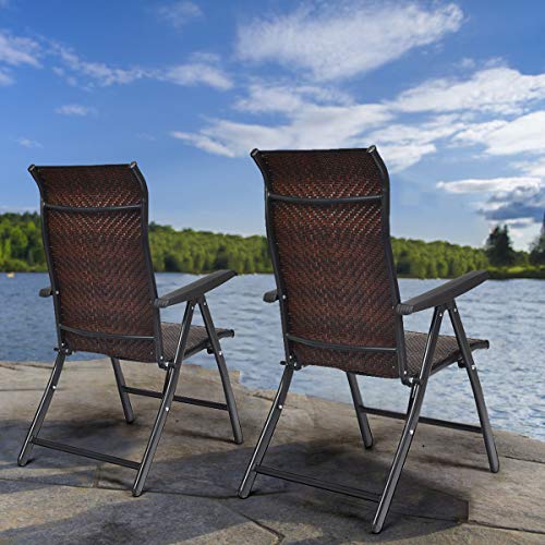 Tangkula 2 Piece Patio Rattan Folding Reclining Chair, Outdoor Wicker Portable Camping Chair with Widened Armrest, Foldabl...