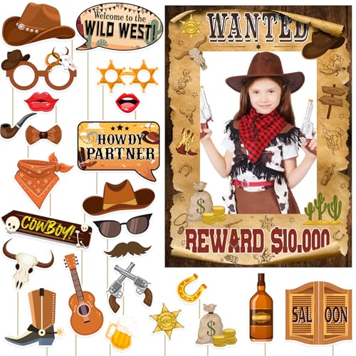 West Wanted Photo Booth Props Selfie Frames & 25 Pieces Western Photo Booth Props, Wild West Themed Party Decoration, West...