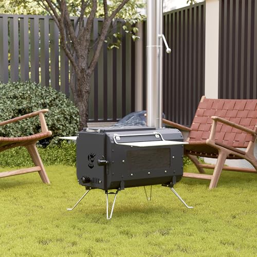 Cast Iron Portable Wood Burning Camping Stove, Compact Tent Stove with Chimney Pipe & View Glass for Ice Fishing, Hiking, ...