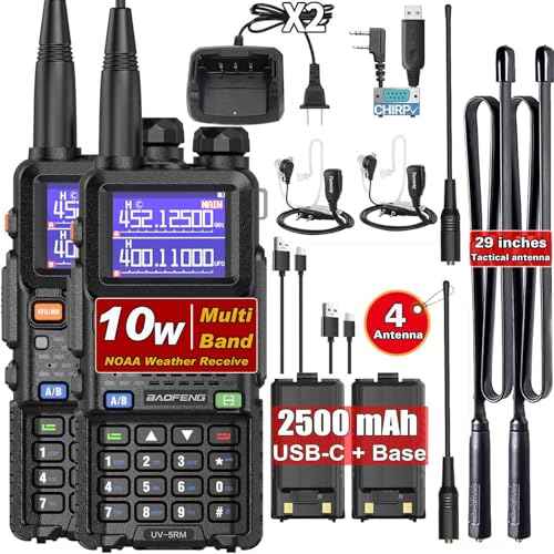 BAOFENG UV-5RM 10W Long Range Ham Radio Walkie Talkie with NOAA Weather Receiver 2500mAh Rechargeable Battery one-Key Frequency Copy Earphone Type-C Charging and Programming Cable (Tactical Antenna)