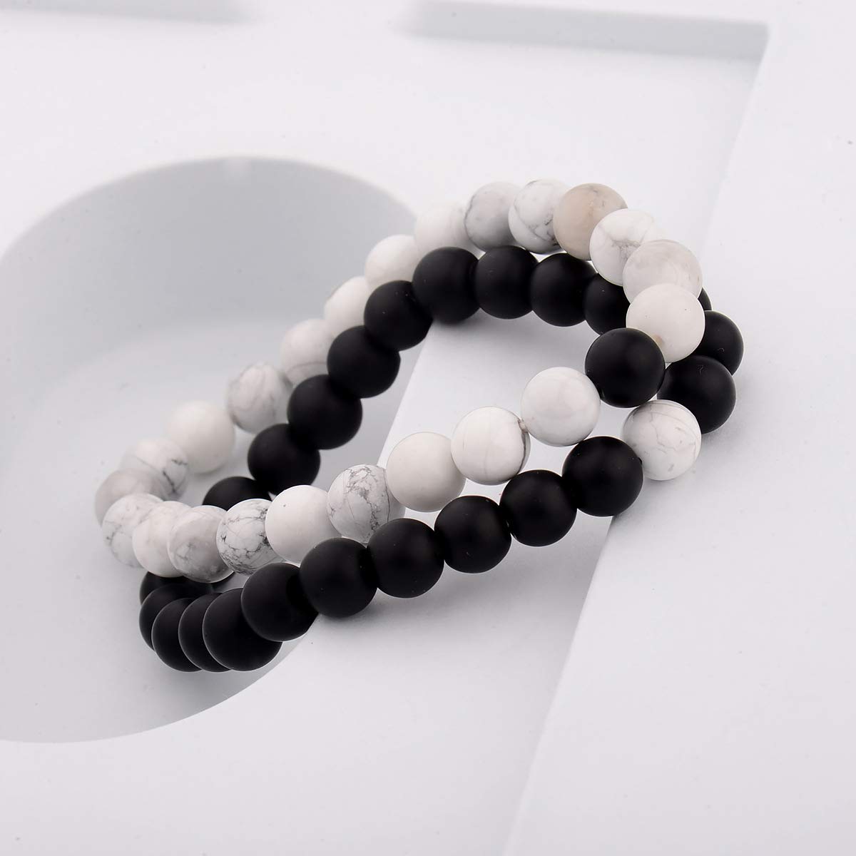 CNLQ Long Distance Bracelets For Lovers Couples Matching Gift Matte Agate 8mm Bead Stone (Elastic Red) (Elastic White)