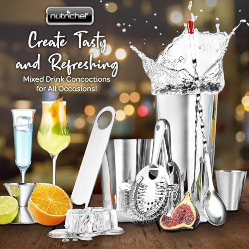 NutriChef Mixology Bartender Cocktail Shaker Set - Includes 15 & 30 oz Stainless Steel Shakers, 6 Bottle Pourers & More - ...