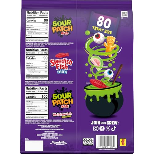 SOUR PATCH KIDS and SWEDISH FISH Mini Soft & Chewy Halloween Candy Variety Pack, Bulk Candy, 80 Trick or Treat Bags