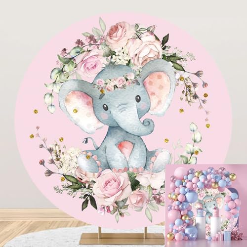 TTQYFNM 7x7ft Elephant Baby Shower Round Backdrop Watercolor Pink Floral Cute Elephant Circle Background for Photography G...