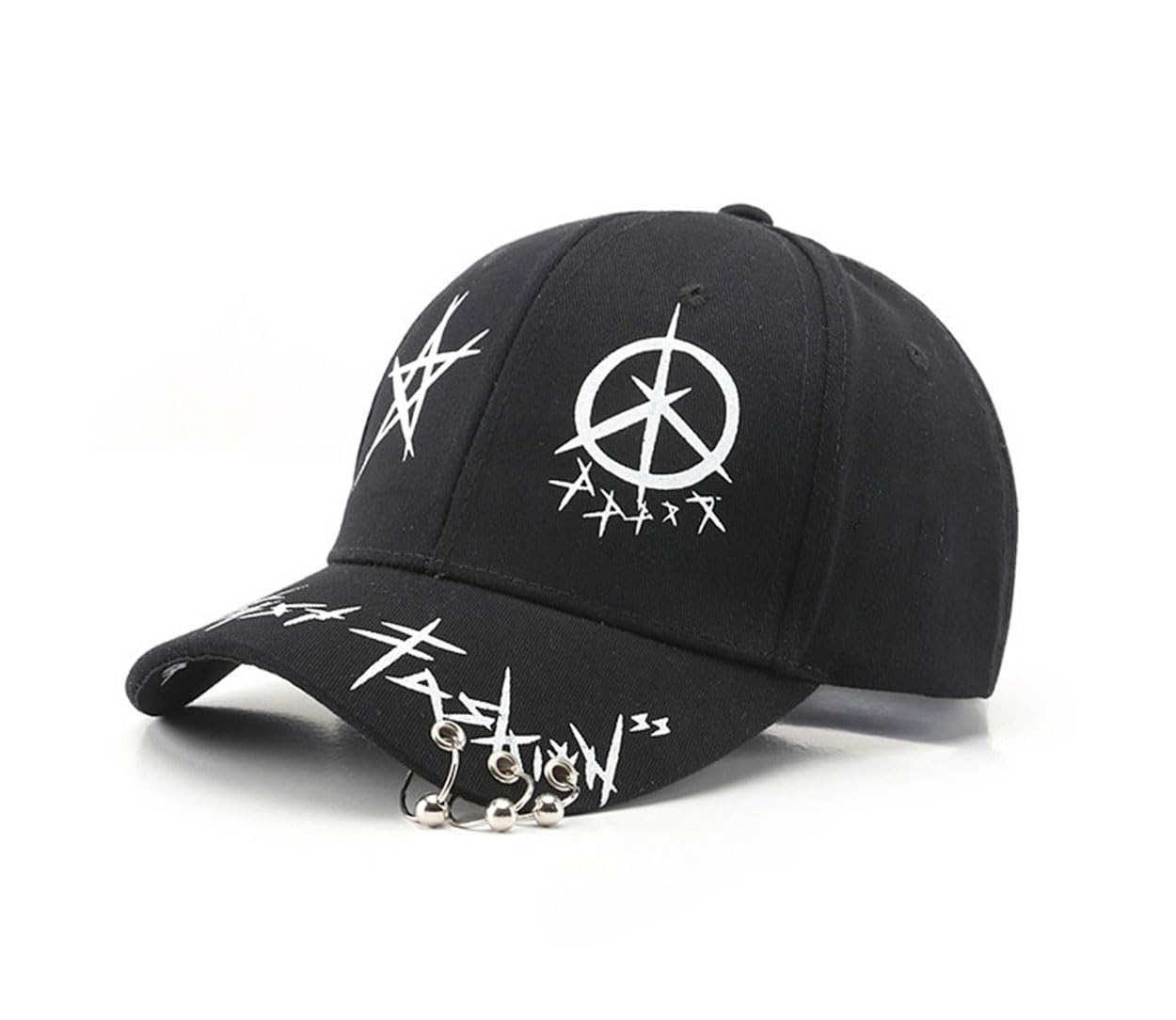 Unisex Black Graffiti Snapback Hat/Baseball Cap - Features Iron Rings on Brim, Inspired by Korean Music Groups, Hip Hop, Anime & Gothic Styles for Men and Women