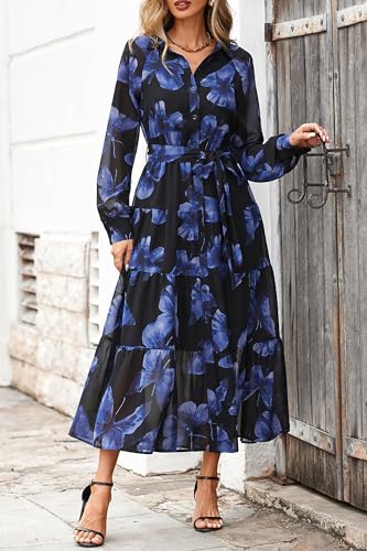 PRETTYGARDEN Women's Fall Dress 2025 Casual Long Sleeve Button Down Belted Boho Floral Flowy Maxi Wedding Guest Dresses