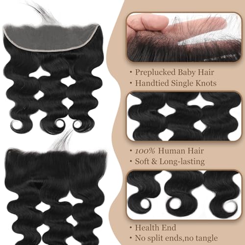 13x4 Body Wave Lace Frontal Closure Ear to Ear 18 Inch Transparent HD Lace Frontal Brazilian Virgin Human Hair Pre Plucked With Baby Hair Natural Black