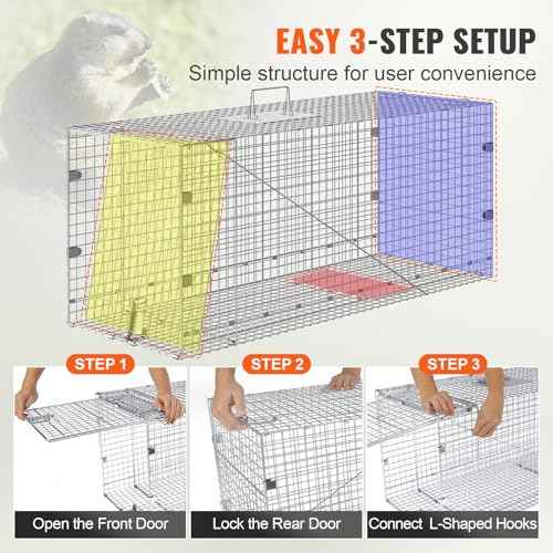 VEVOR Live Animal Cage Trap, 42" x 16" x 18" Humane Cat Trap Galvanized Iron, Folding Animal Trap Cage with Handle for Stray Dogs, Armadillos, Raccoons, Foxes