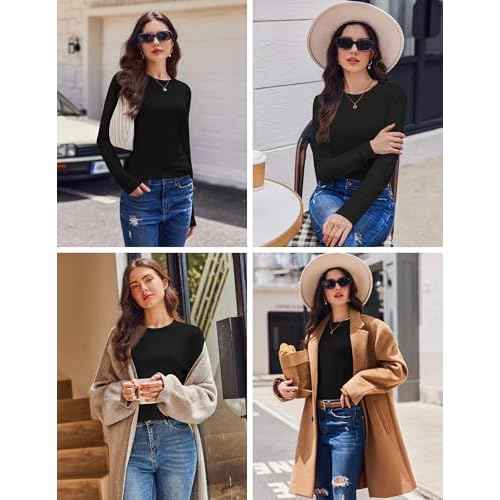 Ekouaer Womens Long Sleeve Shirts 3 Pack Crew Neck Thermal Tops Loose Fit Undershirt Base Layer Trendy Clothes XS-XXL