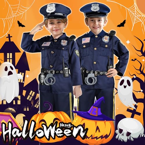 Police Officer Costume for Kids, Cop Costume Outfit Set with Toy Accessories, Halloween Costumes for Boys
