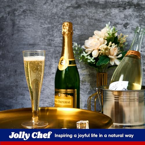 JOLLY CHEF 100 Pack Plastic Champagne Flutes Disposable 4.5 oz Gold Glitter Plastic Champagne Glasses for Wedding, Thanksg...