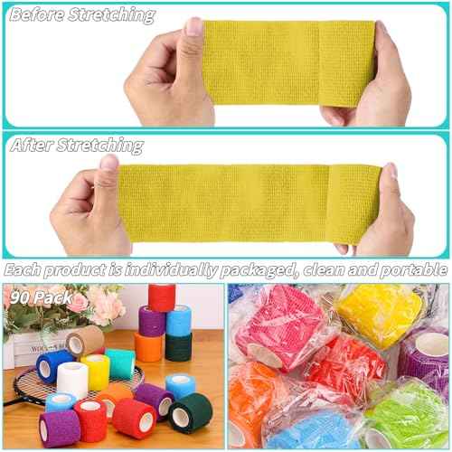 90 Pack Colorful Self Adhesive Bandage Wrap Bulk 2 Inch x 5 Yards Cohesive Bandage,Vet Wrap Breathable Elastic Self-Adherent Tape for Stretch Athletic Sports Wrist Ankle Dogs Pet Vet Wrap 18 Colors
