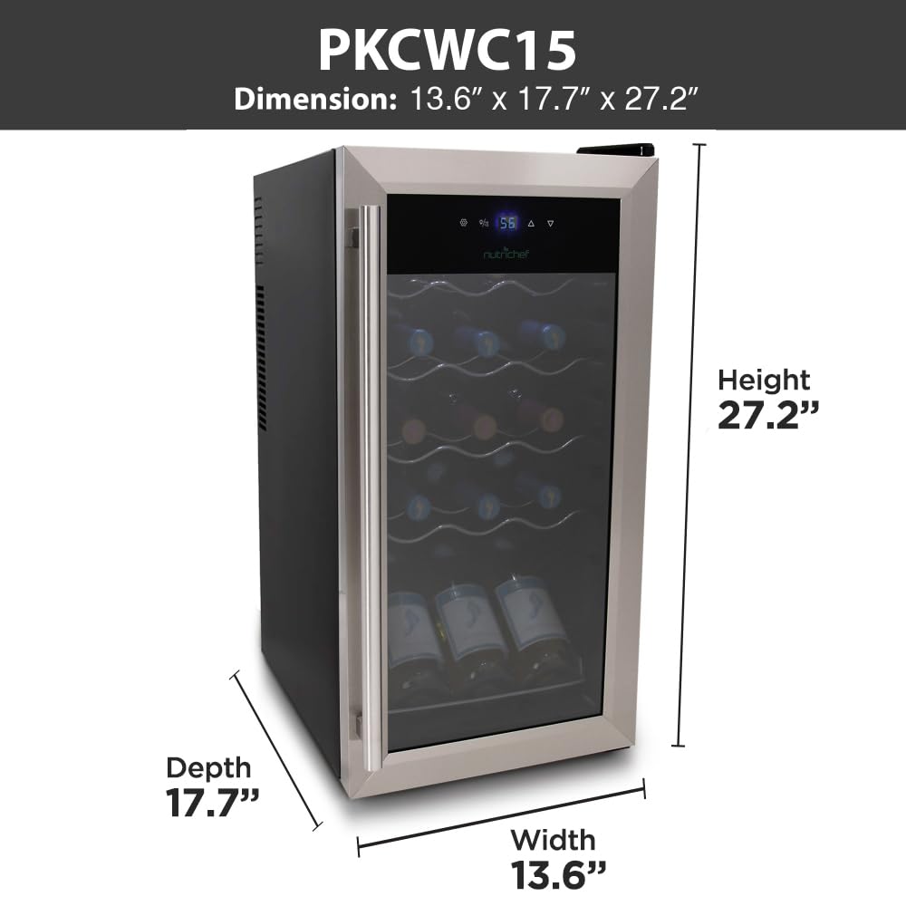 Nutrichef 15 Bottle Wine Fridge Red and White Wine Chiller Adjustable Temp Control 41°F to 64°F Ultra Quiet Operation Mini Wine Cooler Built for Home, Office, Kitchen Counter, 27x13x17 IN