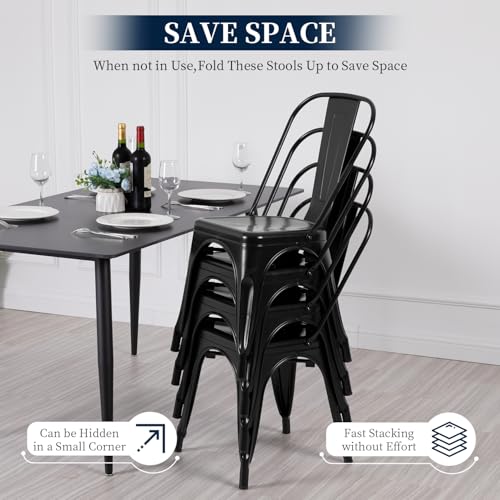 FDW | Metal Dining Chairs | Set of 4 | Black | Stackable Tolix Side Chairs with Backrest | Scratch-Resistant | Non-Slip Fe...