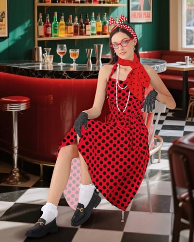 Women's 1950s Polka Dress Set Audrey Vintage-Inspired Cocktail Halter Swing Dress with Accessories 10PCS