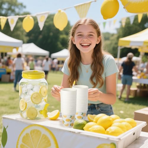 2 Pcs Plastic Beverage Dispenser with Spigot and 40 Pcs Lemon Paper Party Cups Kitchen Fridge Clear Plastic Drink Summer B...