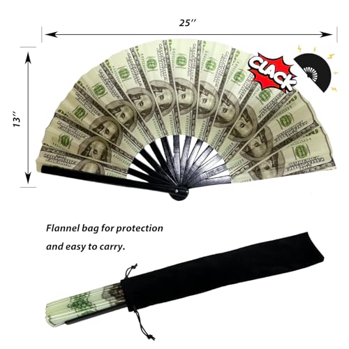 YKuzLx 13‘’ UV Glow Large Rave Fan for Men Women, Decorative Folding Hand Fan for Party, Home Decoration, Gift, Music Fest...