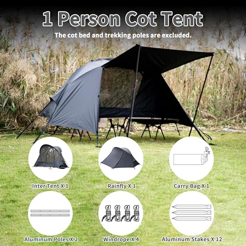 TENPLAY Cot Tent,Camping Tent,Backpacking Tent,3 Way Tent,Solo Tent,1 Person,Quick Setup,70D Nylon,pu5000mm,UV Cut,7001 Al...