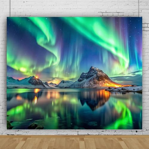 10x8ft Northern Lights Backdrop, Aurora Snow Mountain and Lake Background for Children & Adults Party Decorations Vacation...