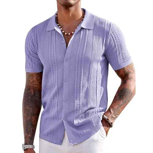 COOFANDY Men's Knit Shirts Short Sleeve Button Down Polo Shirt Fashion Casual Summer Beach Shirts