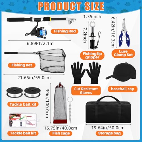 LaRandom Fishing Rod and Reel Combo Telescopic Fishing Pole Kit Collapsible with Plier Lip Gripper Lures Carrier Bag Pre-L...