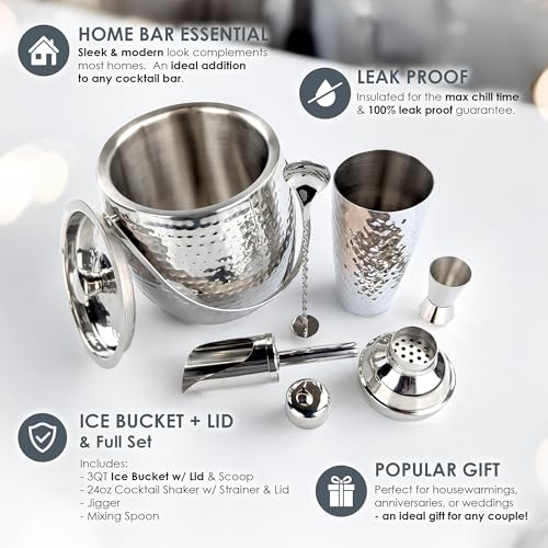 BREKX Insulated Ice Bucket for Cocktail Bar with Drink Shaker 5-Piece Cocktail Set for Parties with Lid and Scoop - Barten...