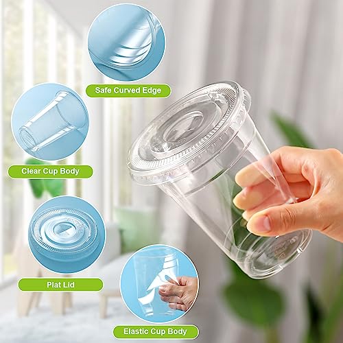 TashiBox[100 sets 12 oz plastic cups with lids and straws disposable, lemonade stand supplies,coffee essentials,smoothie cups