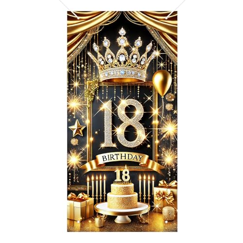 HOMETITUTE 18th Birthday Door Cover 71x35 Inch Royal Gold Birthday Banner for Party Decorations Crown Cake Gift Backdrop S...