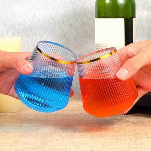 24 Pcs 12oz Clear Plastic Wine Cups with Gold Rim - Elegant Origami Ripple Design, Shatterproof for Whiskey, Cocktail, Cha...