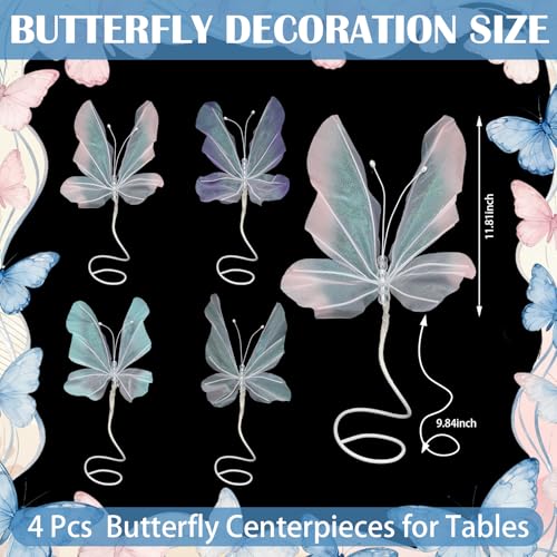Roowest 4pcs Butterfly Party Decorations Table Centerpiece Gradient Silk Flying Large Butterfly Centerpiece 3D Pink Purple...