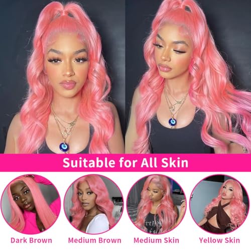 Pink Lace Front Wigs Human hair Pink Wigs Human Hair Body Curly Human Hair Wig For Women Body Wave Lace Frontal Wigs Human Hair 200% Density HD Transparent Pre Plucked 26 inch