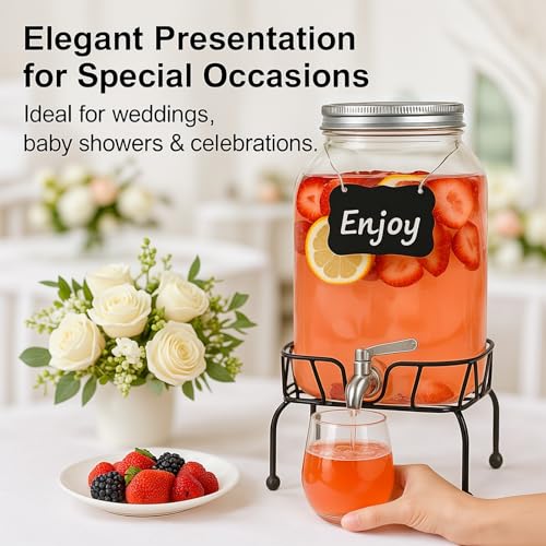 2 Gallon Glass Drink Dispenser with Stand, Ice Cylinder,Stainless Steel Leakproof Spigot and Lid,Glass Beverage Dispenser ...