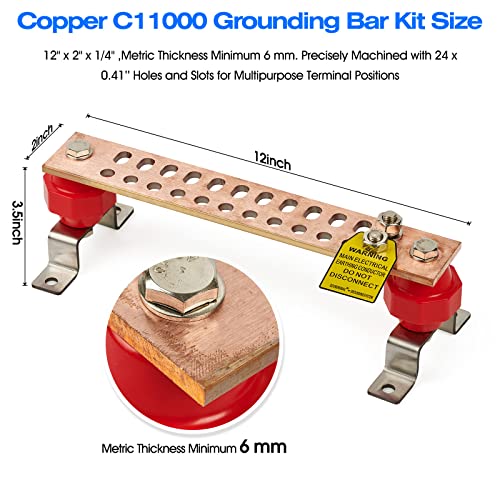 12" Heavy-Duty Copper Ground Bar Kit,Grounding Bus Bar,with 24 x 0.41’’ Holes & Slots and 2” x 2’’ Standoff Insulators Mad...