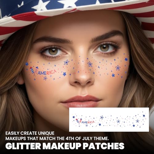 EMOME Labor Day Decorations, Glitter Faux Freckles Face Tattoos with Red White and Blue Face Gems, Patriotic Stickers Wome...