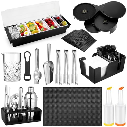 Mifoci 28 Pcs Bartender Kit, Garnish Tray for Bartenders with Lid Bar Caddy, 3 Tier Glass Rimmer, 17 Pcs Margarita Cocktai...